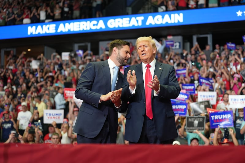 Donald Trump and running mate JD Vance on stage in Grand Rapids, Michigan. Photograph: Doug Mills/The New York Times