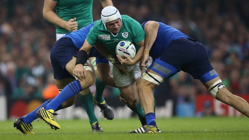 Rory Best is tackled during the 2015 Rugby World Cup match against France at the Millennium Stadium in Cardiff. Photograph: ©INPHO/Billy Stickland