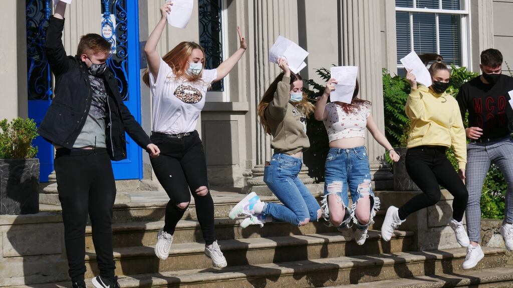 Students at Hazelwood College in Belfast celebrate receiving their GCSE results on Thursday. Photograph: Dean Kernoghan/Hazelwood College/PA Wire.