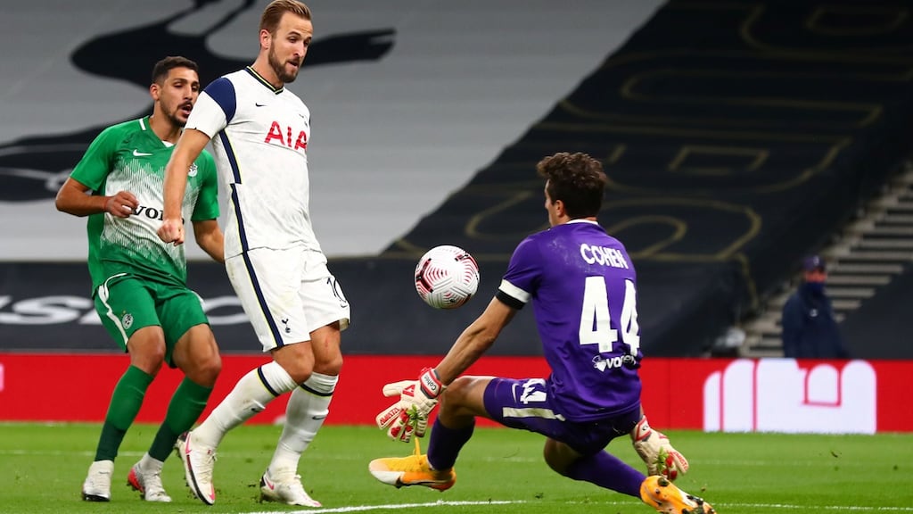 Tottenham Hotspur’s Harry Kane completes his hat-trick to score his side’s sixth goal in the Europa League  match against Maccabi Haifa at the Tottenham Hotspur Stadium. Photograph: Clive Rose/AFP via Getty Images