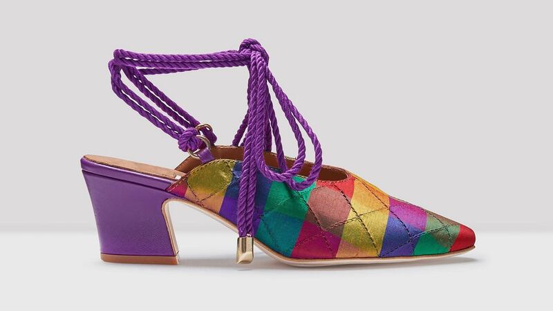 Miista Hope Dawn check coloured mid heel sandals, €225, miista.com