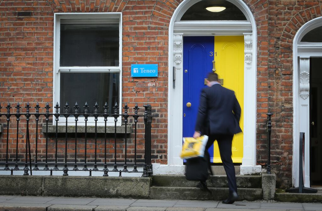 The Kildare Street door of corporate communications firm Teneo, which was painted in the county colours of Tipperary before the All Ireland final in 2019. The firm was sponsor to Tipperary at the time. Photograph: Crispin Rodwell