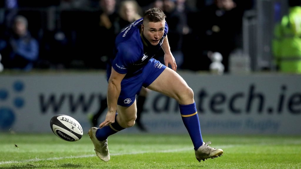 Jordan Larmour scores a try against Ulster. He scored four tries in the three interprovincial games. Photograph: Ryan Byrne/Inpho