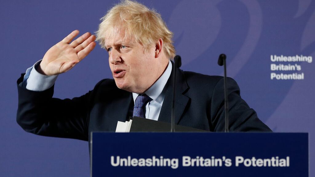 UK prime minister Boris Johnson delivering his “unleashing Britain’s potential” speech. Photograph: Frank Augstein/PA Wire