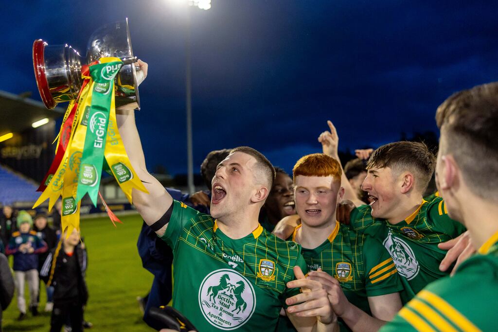 Meath’s Liam Kelly celebrates with the U-20 trophy at Parnell Park, Dublin on Monday. Photograph: Morgan Treacy/Inpho