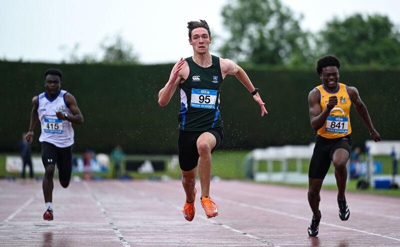Ben Skyes (Grosvenor GS, Belfast) on his way to winning the intermediate boys 100m event. Photograph: Shauna Clinton/Sportsfile