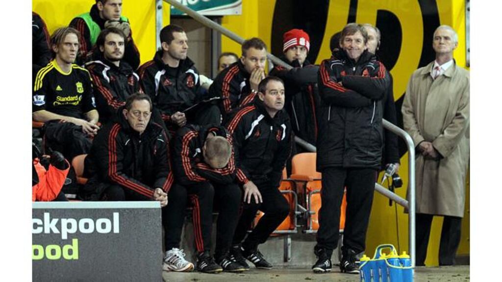 Liverpool manager Kenny Dalglish can’t hide his frustration as Liverpool lose 2-1 at Blackpool, their second defeat to the Seasiders this season. Photograph: Martin Rickett/PA Wire.