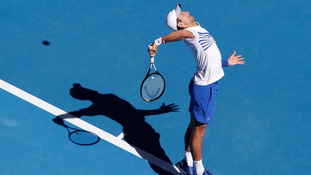 Novak Djokovic serves during his third-round match against Denis Shapovalov at the Australian Open in Melbourne. Photograph: Mast Irham/EPA