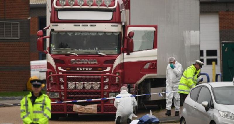 Police and forensic officers at the Waterglade Industrial Park in Grays, Essex, after 39 bodies of Vietnamese migrants were found inside the lorry on the industrial estate. Photograph: Stefan Rousseau/PA Wire