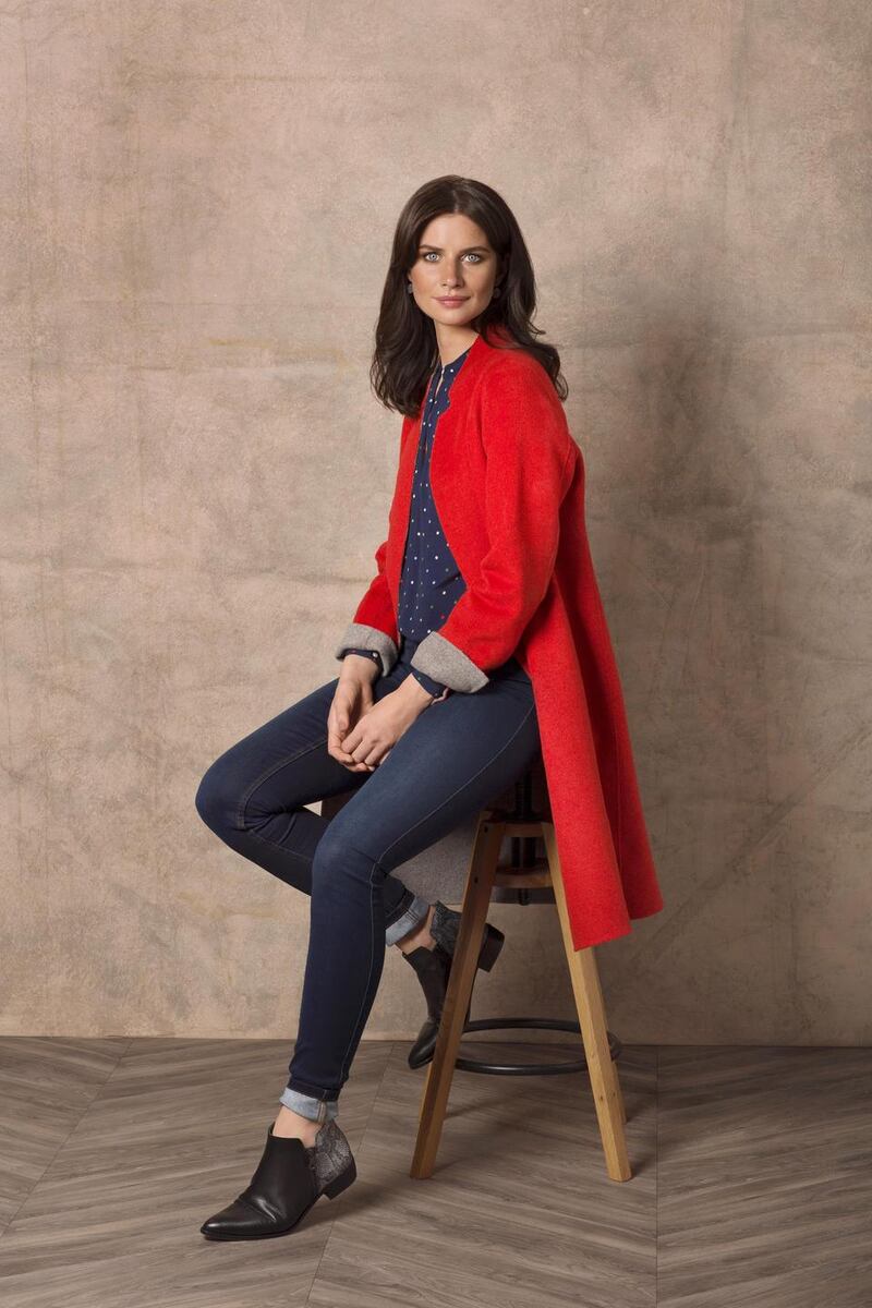 Handstitched reversible coat €119, spotted blouse €35, shape up jeans €34.99 Vero Moda. Photograph: Naomi Gaffey