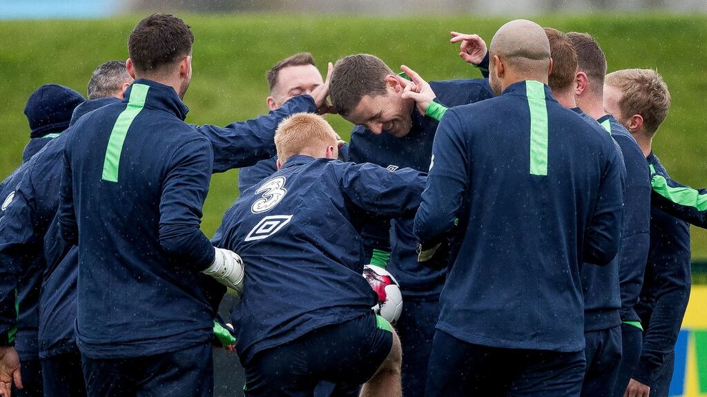 Republic of Ireland goalkeeper Colin Doyle receives some light-hearted attention from his team-mates. Photograph: Morgan Treacy/Inpho