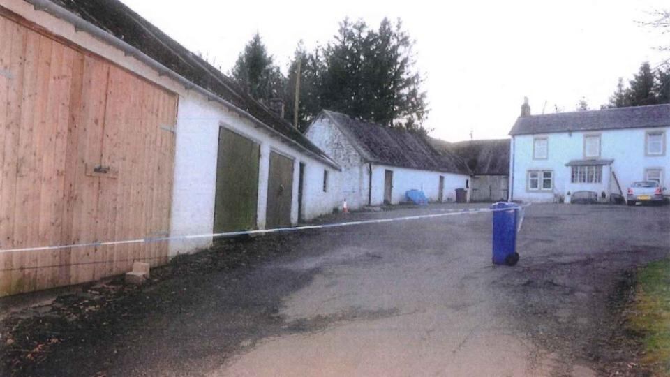Handout picture from Scotland’s Crown Office of High Craigton Farm where the body of murdered student Karen Buckley was found in a barrel behind the double doors.