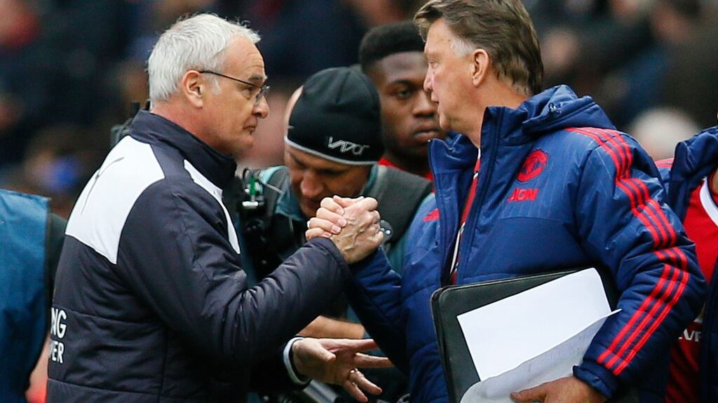 Leicester City manager Claudio Ranieri with his Manchester United counterpart Louis van Gaal after their 1-1 draw at Old Trafford in the English Premier League on Sunday. Photograph: Reuters.