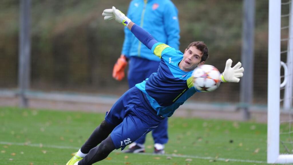 Emiliano Martinez of Arsenal during a training session at London Colney. Photograph: Stuart MacFarlane/Arsenal FC via Getty Images
