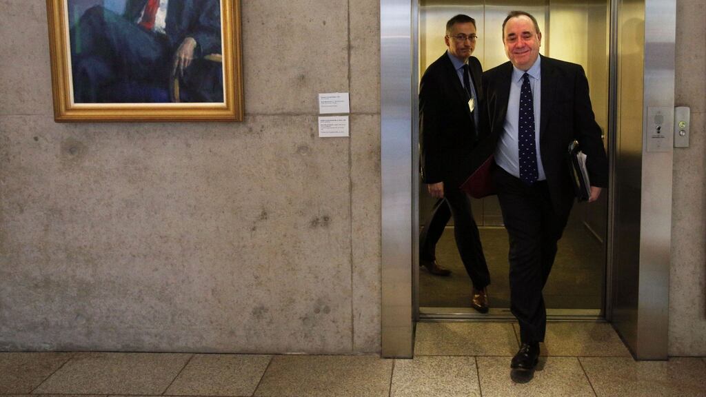 Scottish First Minister Alex Salmond arrives for First Ministers Question Time at the Scottish Parliament in Edinburgh. Photograph: David Cheskin/PA Wire