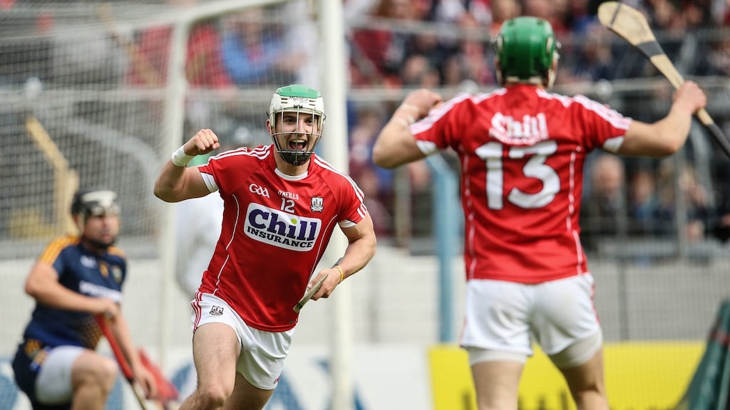 Shane Kingston of Cork celebrates scoring a goal against Tipperary in the Munster GAA Senior Hurling Championship quarter-final at Semple Stadium. Photograph: Cathal Noonan/Inpho