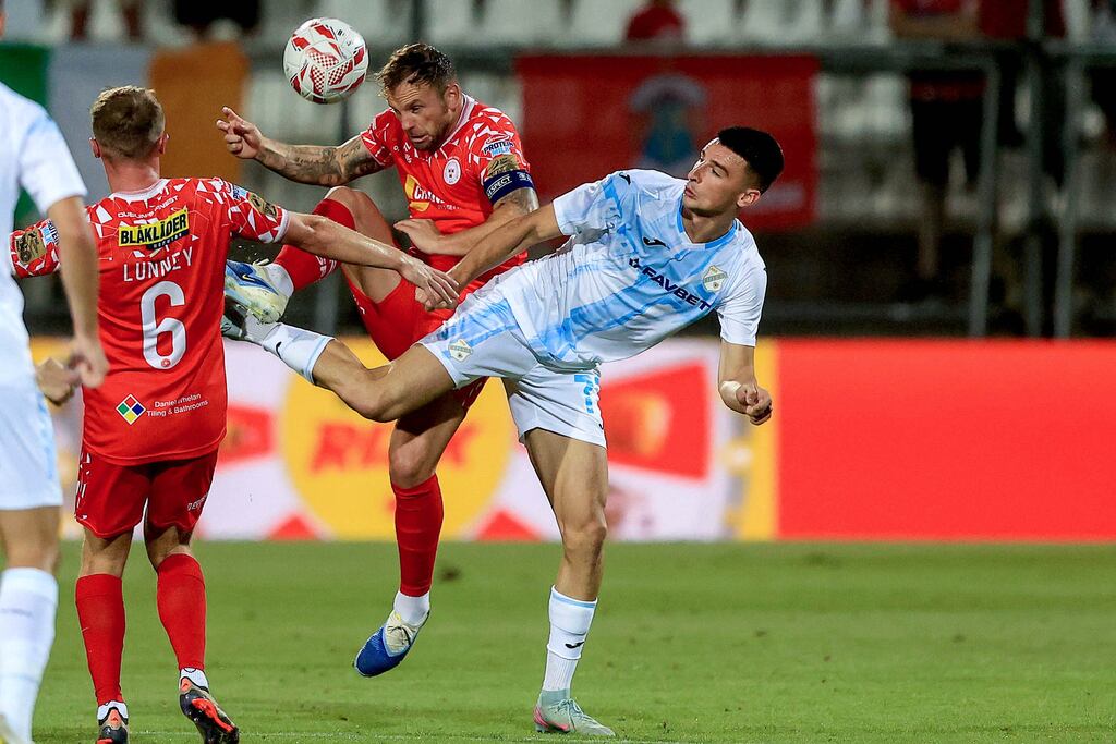 Shelbourne's Paddy Barrett and Ante Matej Juric of HNK Rijeka. Photograph: Aleksandar Djorovic/Inpho