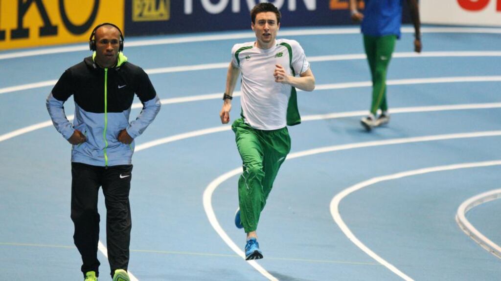 Ireland’s Mark English gets a feel for the track at the Ergo Arena ahead of today’s IAAF World Indoor Athletics Championships in Sopot, Poland. Photograph: Adam Jastrzebowski/Inpho