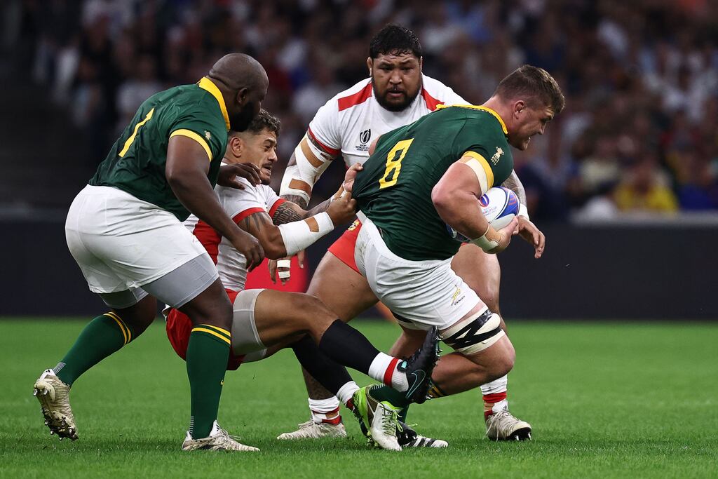 South Africa's Jasper Wiese in action during his team's Rugby World Cup Pool B win over Tonga in Marseille. Photograph: Getty Images