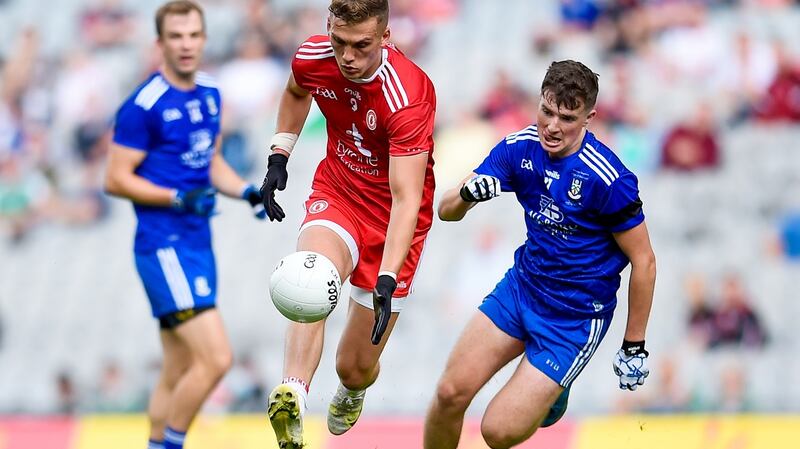 Tyrone’s Conn Kilpatrick has added to the options for goalkeeper Niall Morgan on kick-outs. Photograph: Tommy Grealy/Inpho