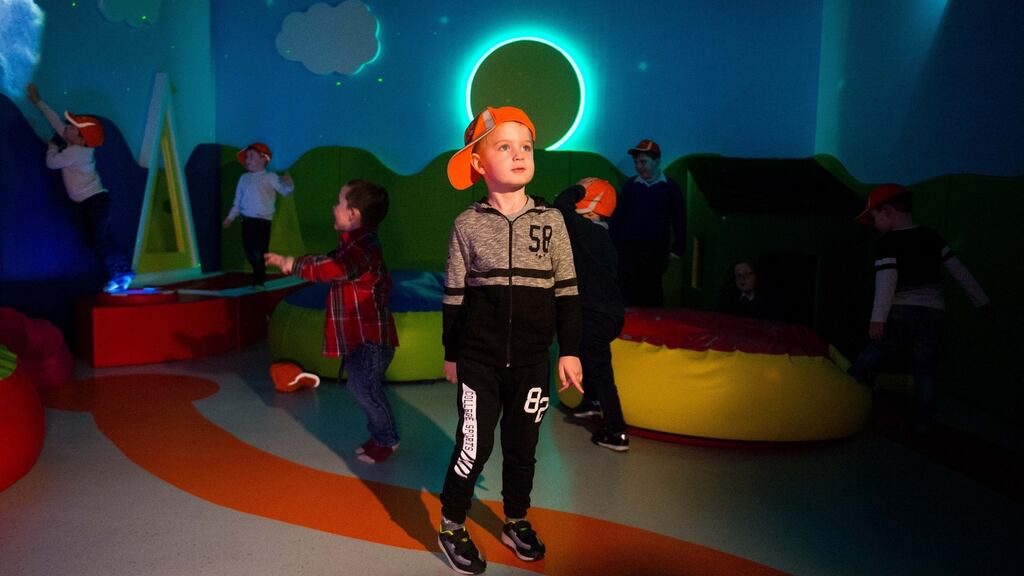 Ryan Cunningham (4) from Gaelscoil Donncha Rua, Shannon tries out Shannon Airport’s new sensory room. Photograph: Diarmuid Greene/True Media