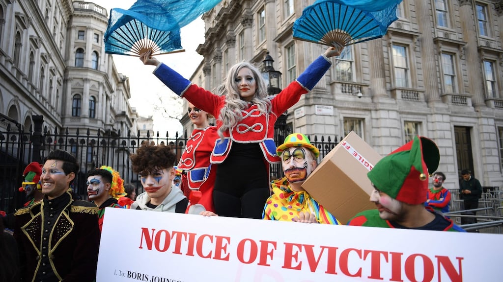 Protesters call for the resignation of British prime minister Boris Johnson in front of the Downing Street gates on Sunday. Photograph: Daniel Leal/AFP via Getty Images
