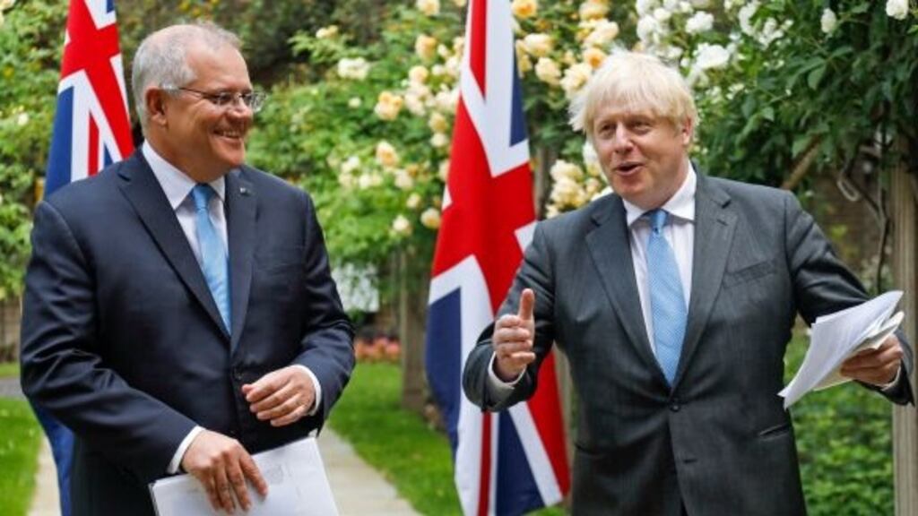 British PM Boris Johnson and his Australian counterpart Scott Morrison during their bilateral meeting in the garden of 10 Downing Street in London on Tuesday. Photograph: Luke MacGregor/Bloomberg