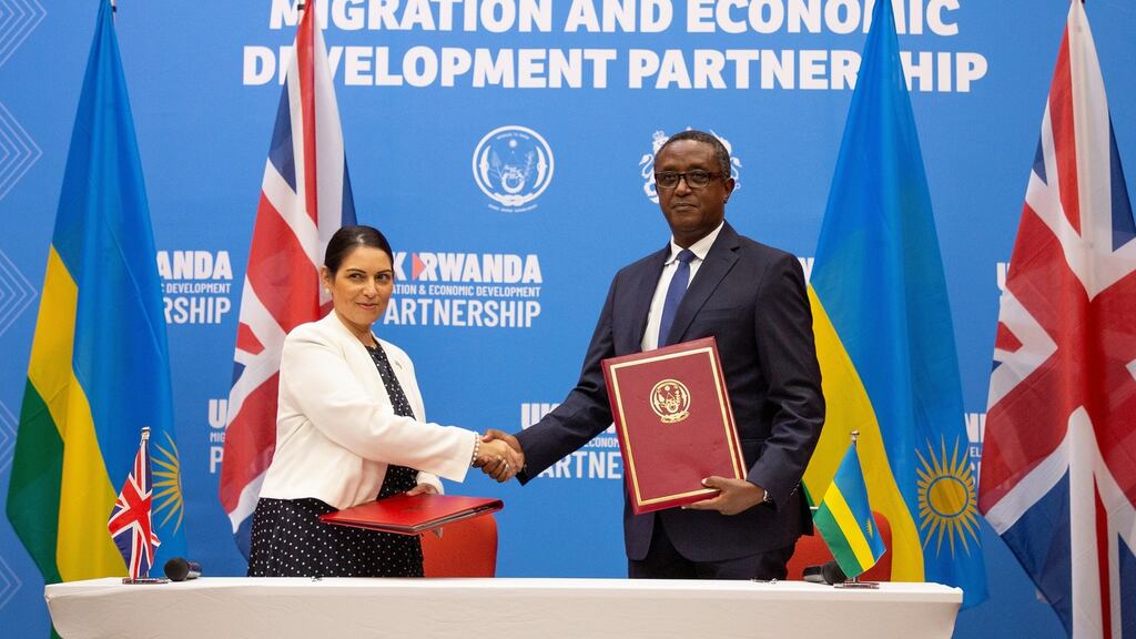 British home secretary Priti Patel and Rwandan foreign minister Vincent Biruta after signing a migration deal in Kigali, Rwanda, on Thursday. Photograph: Eugene Uwimana/EPA