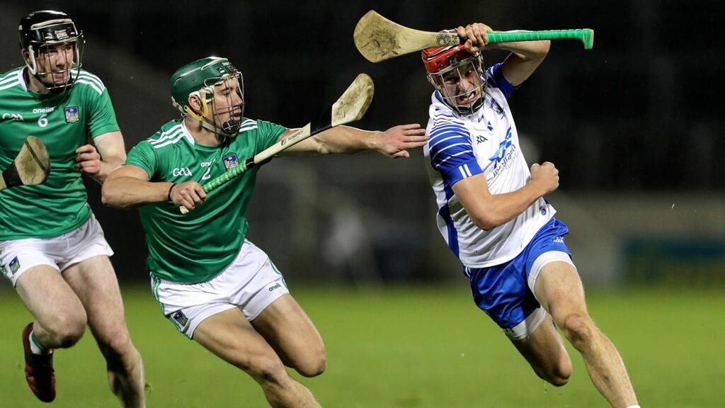 Waterford’s Jack Prendergast tries to shake off  Limerick’s  Seán Finn during the Munster SHC Final at Semple Stadium. Photograph: Laszlo Geczo/Inpho