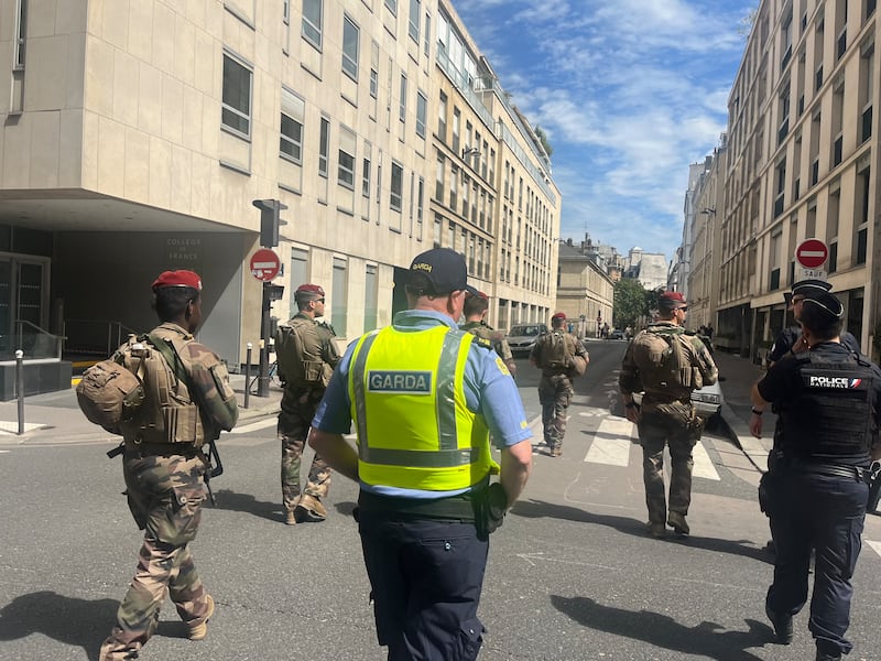 Gardaí on patrol in central Paris with members of the Police Nationale and French soldiers. Photograph: Jack Power
