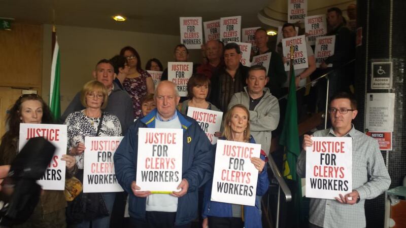 Clerys staff at Liberty Hall about to depart for a protest on Saturday afternoon outside the closed Clerys store on O’Connell Street in Dublin. Photograph: Kitty Holland/The Irish Times
