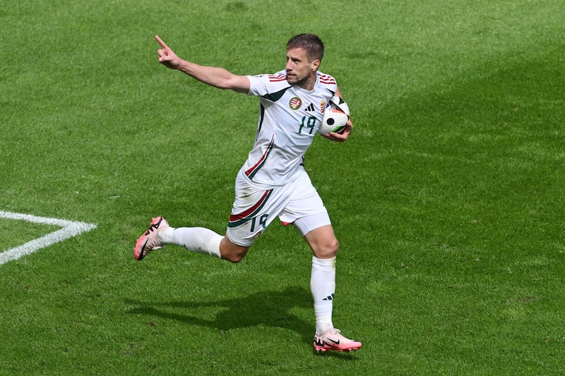 Barnabas Varga celebrates scoring for Hungary during the UEFA EURO 2024 group stage match against Switzerland in Cologne, Germany. Photograph: Stu Forster/Getty Images