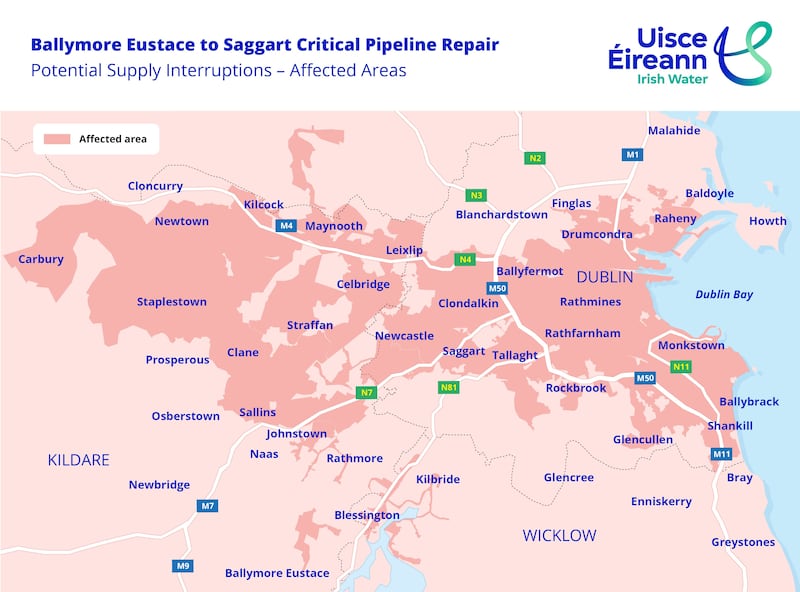 Map of areas which could face disruption due to repairs on Ballymore Eustace to Saggart pipeline. Illustration: Uisce Éireann