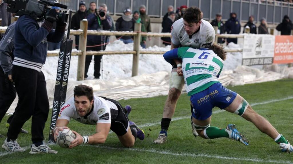 Zebre’s Giovanbattista Venditti scores a try during their Guinness Pro12 match against Treviso at Stadio XXV Aprile, Parma, Italy, on Sunday. Photograph: Inpho