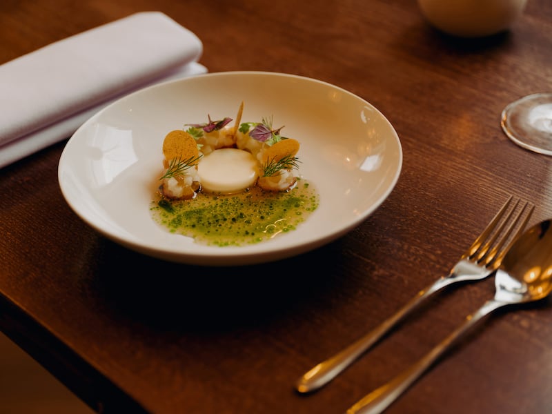 Poached lobster and charred octopus with yuzu kosho cream, kohlrabi, nori ginger bouillon and dill served at D’Olier Street. Photograph: Ellius Grace/The New York Times