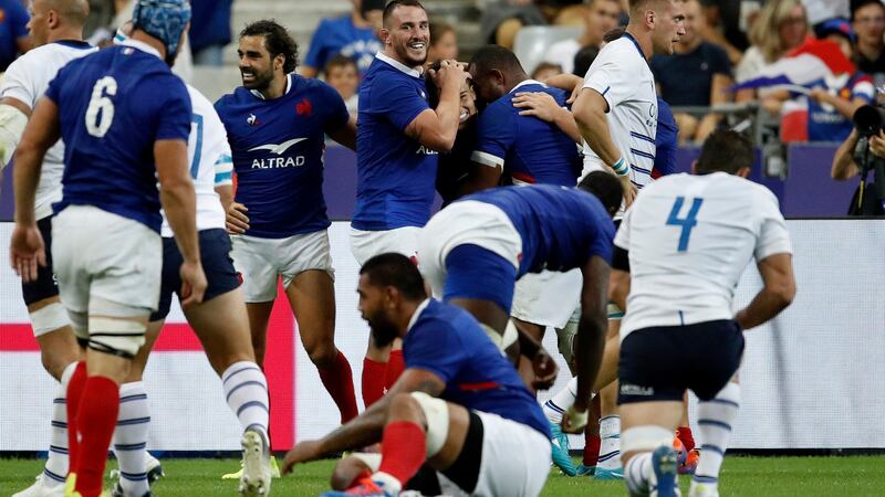 Fracne celebrate Antoine Dupont’s score against the Azzurri. Photograph: Yoan Valat/EPA