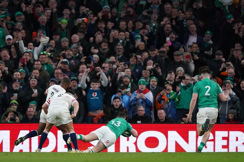 Robbie Henshaw scores Ireland's second try. Photograph: PA