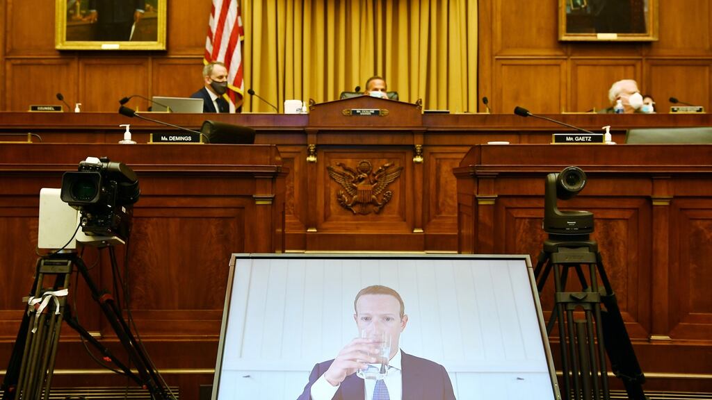 Facebook CEO Mark Zuckerberg testifying  via video-link before the  US congressional hearing on anti-trust issues.  Photograph: Getty Images