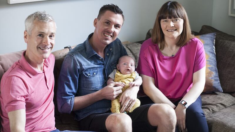 Conleth Teevan, Mikey O’Brien, Rhona Drummond with baby Felix. Photograph: Hazel Coonagh