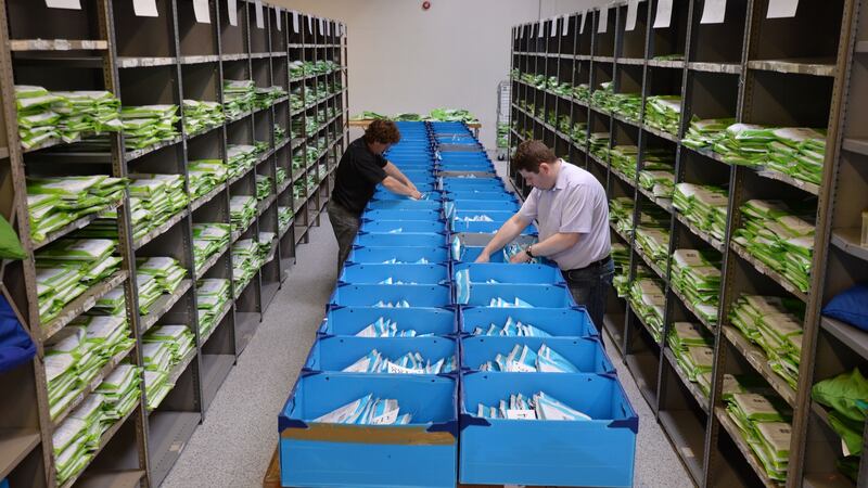 Sorting the Junior and Leaving Cert exam scripts at the State Examinations Commission in Athlone. Photograph: Alan Betson / The Irish Times