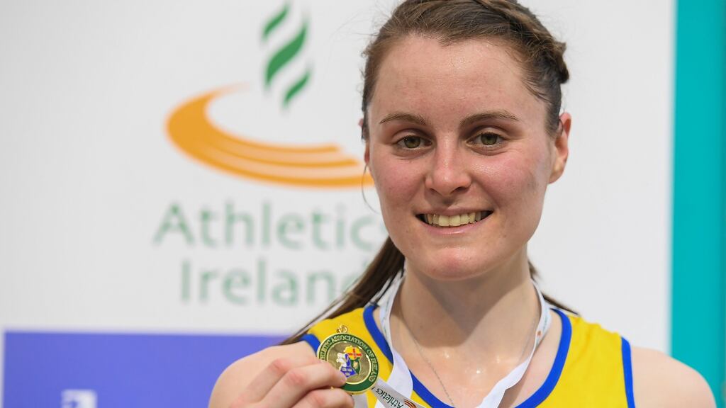 Ciara Mageean of UCD AC with her gold medal after winning the 3000m at the National Senior Indoor Championships at the National Indoor Arena, Abbotstown. Photograph: Brendan Moran/Sportsfile.