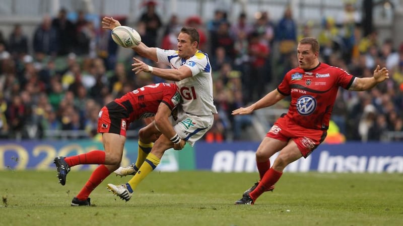 Lee Byrne of Clermont Auvergne is hit hard by Matt Giteau of Toulon during the Heineken Cup final. Photograph: David Rogers/Getty Images