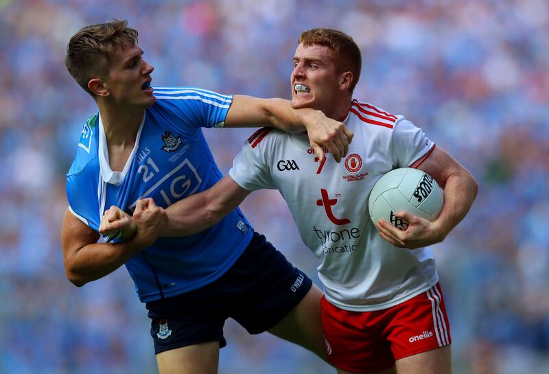Michael Fitzsimons gets to grips with Tyrone's Peter Harte in the 2018 All-Ireland final. Photograph: Tommy Dickson/Inpho