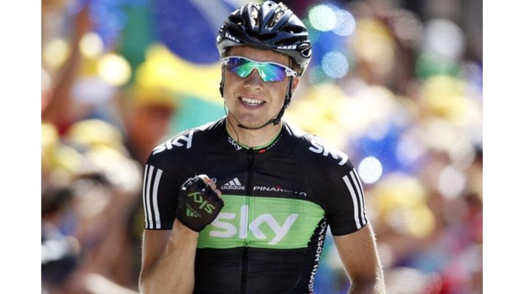 Team Sky's Edvald Boasson Hagen of Norway celebrates as he crosses the finish line after the 17th stage of the Tour de France from Gap to Pinerolo, northern Italy. Photograph: Stefano Rellandini/Reuters