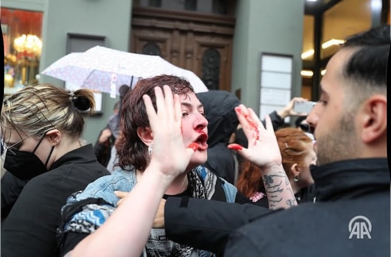 Kitty O’Brien during the demonstration in Berlin on Thursday. Photograph supplied by Irish Bloc Berlin