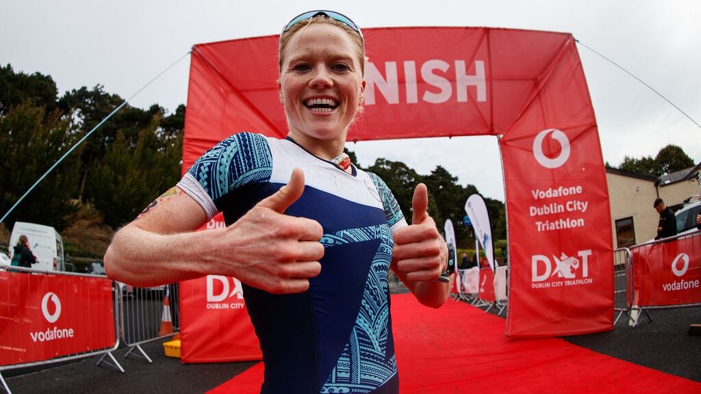 Carolyn Hayes after winning the BMW National Series race at Dublin City Triathlon, Phoenix Park, 2018. Photograph: Bryan Keane/ Inpho