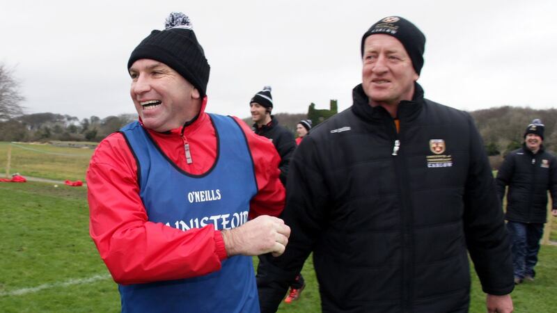 IT Carlow manager DJ Carey and selector Michael Dempsey celebrate winning. Photo: Mike Shaughnessy/Inpho