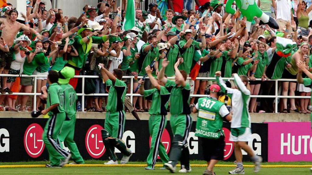 Irish cricketers celebrate with their fans after victory over Pakistan at Sabina Park during the World Cup in March 2007. Photograph: Jewel Samad/AFP/Getty Images