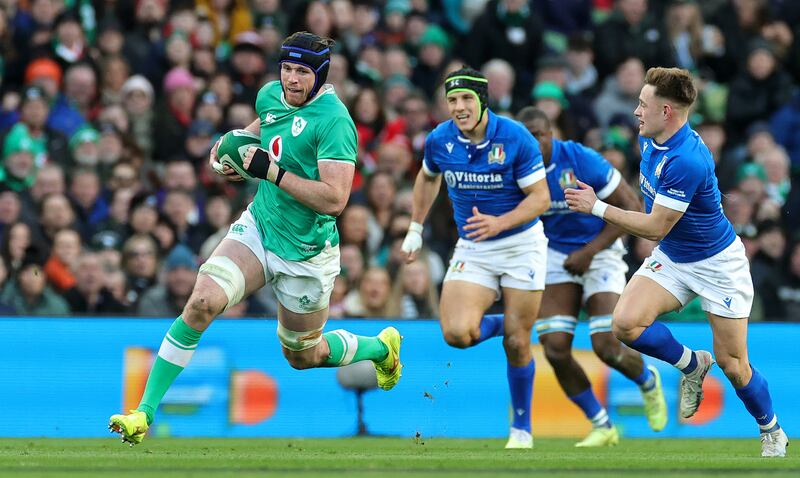 Ireland's Ryan Baird breaks with the ball during the Six Nations match against Italy at the Aviva Stadium in February. Photograph: David Rogers/Getty Images
