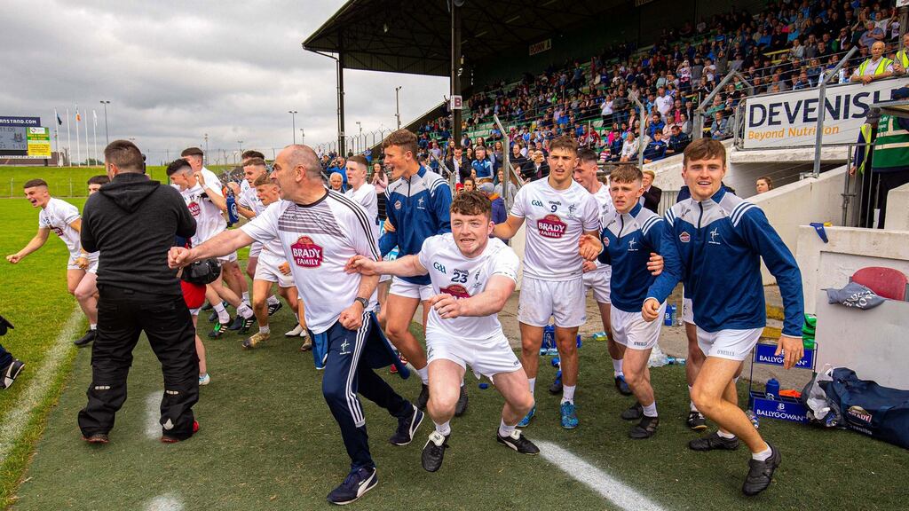 Kildare celebrate their Leinster MFC win over Dublin in Navan. Photograph: Tom O’Hanlon/Inpho